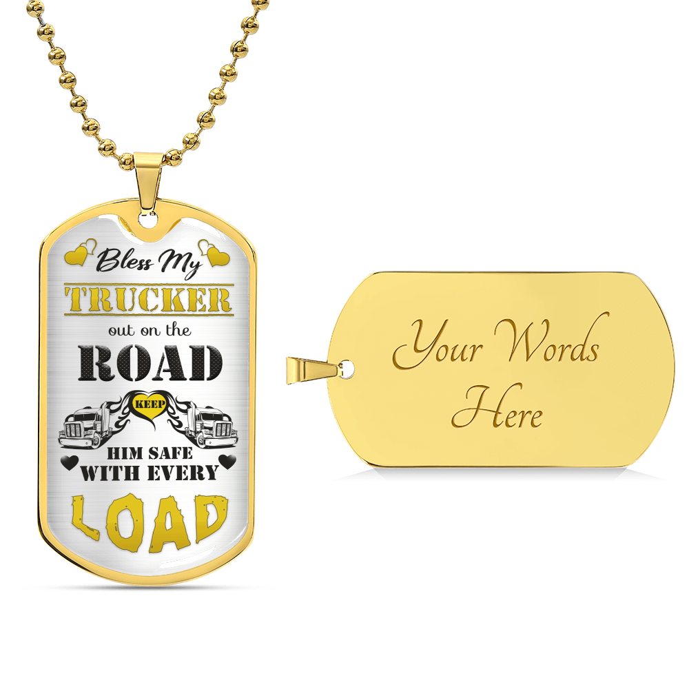 Bless My Trucker Necklace With Semi Truck And Angel Wing Charms, To My Husband, Trucker Gift - Gift For Him - Dog Tag Necklace - Army Tag Necklace, Dog Tag Necklace