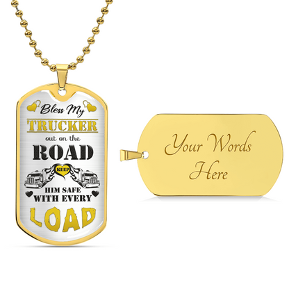 Bless My Trucker Necklace With Semi Truck And Angel Wing Charms, To My Husband, Trucker Gift - Gift For Him - Dog Tag Necklace - Army Tag Necklace, Dog Tag Necklace