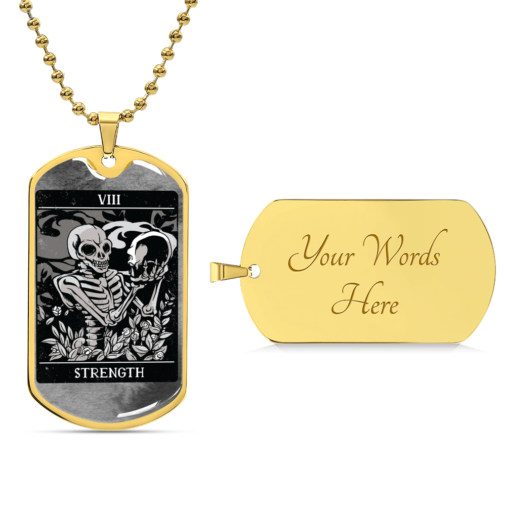Tarot Card Necklace. Silver Or Gold. For Wiccans, Astrology, Zodiac, Spiritual, Best Friend. Boho. Strength Card - Army Tag Necklace, Dog Tag Necklace