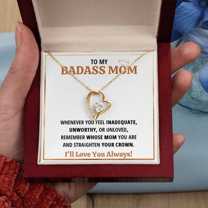 To My Badass Mom Crown Heart Necklace Gift Set Forever Love Necklace