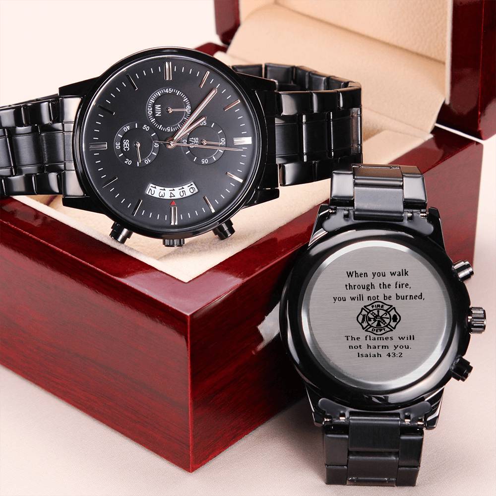 Fireman Engraved Design Black Chronograph Watch Gift For Dad Engraving Chronograph Watch