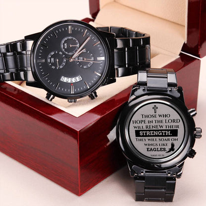 Isaiah 4031 Bible Verse Engraved Design Black Chronograph Watch Engraving Chronograph Watch