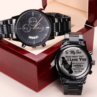 Gift For Son Never Forget That I Love You Engraved Customized Black Chronograph Watch Engraving Chronograph Watch