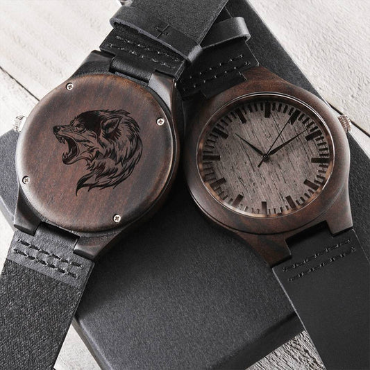Gray Wolf Howling Engraved Wooden Watch