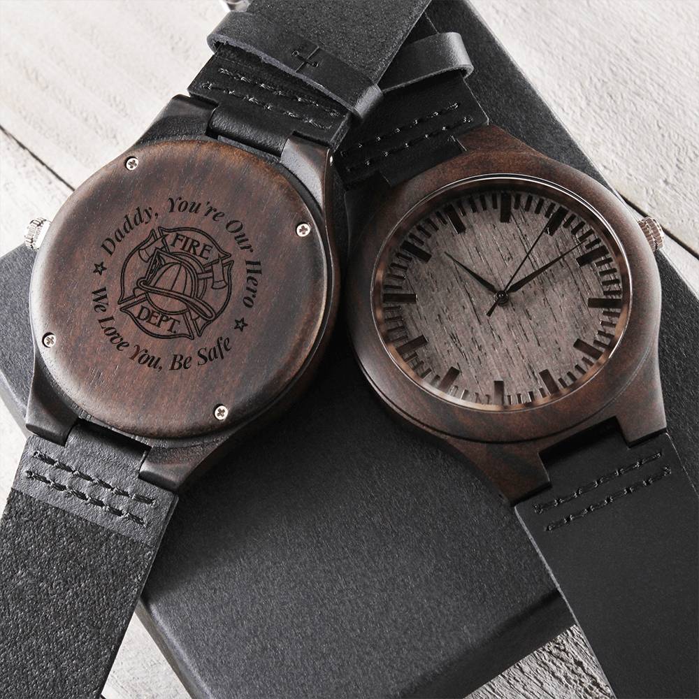 Daddy You're Our Hero - Firefighter Watch Firefighter Dad Gift Ideas Fireman Gift For Father's Day Custom Engraved Wat1 Engraved Wooden Watch