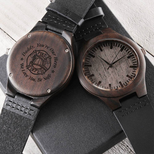 Daddy You're Our Hero - Firefighter Watch Firefighter Dad Gift Ideas Fireman Gift For Father's Day Custom Engraved Wat1 Engraved Wooden Watch