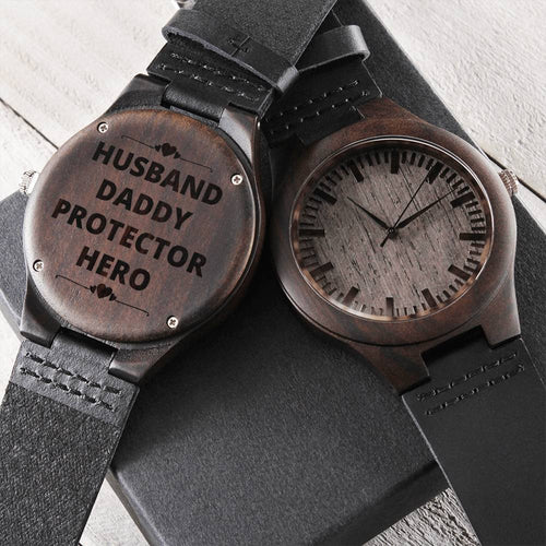 Husband Daddy Protector Hero Engraved Black Wooden Watch Gift For Dad Step-Dad Father Son Or Uncle Gift Husband - Dadd Engraved Wooden Watch