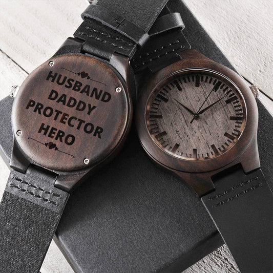 Husband Daddy Protector Hero Engraved Black Wooden Watch Gift For Dad Step-Dad Father Son Or Uncle Gift Husband - Dadd Engraved Wooden Watch