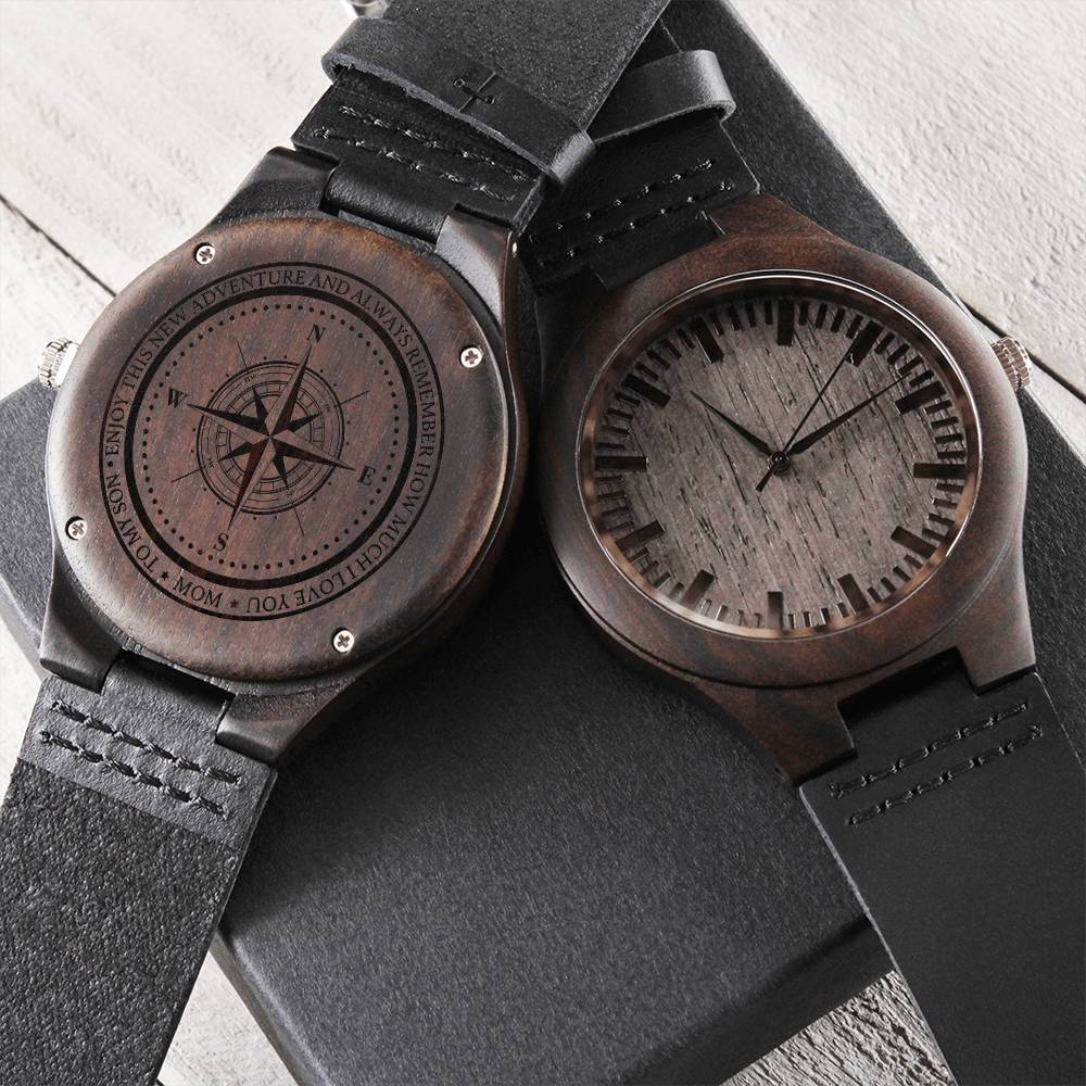 To My Son New Adventure Engraved Watch - Gift For Son Engraved Watches For Men - You Are My Compass Engravable Watch S Engraved Wooden Watch