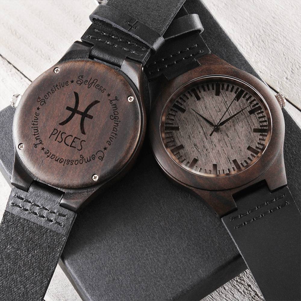 Pisces Engraved Wooden Watch