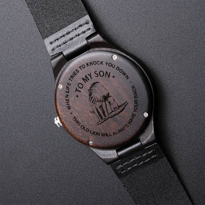 To My Son Watch - This Old Lion Will Always Have Your Back - Happy Fathers Day To My Awesome Dad - Father's Day Gift F Engraved Wooden Watch