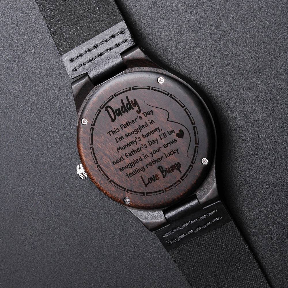 Father's Day Watch For New Dad - Partner From Bump - Unborn Baby From Mom Mum Mummy Hand Drawn Happy Daddy Papa First Engraved Wooden Watch