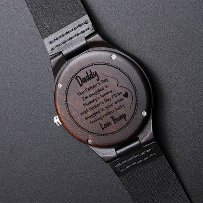 Father's Day Watch For New Dad - Partner From Bump - Unborn Baby From Mom Mum Mummy Hand Drawn Happy Daddy Papa First 1 Engraved Wooden Watch