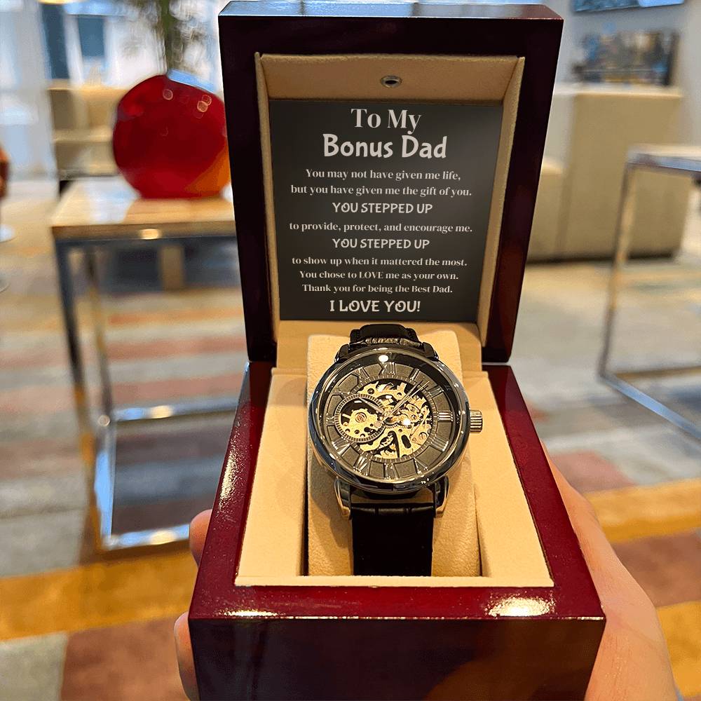 Men's Skeleton Black Band To My Bonus Dad Stepped Up Gift For Him Father's Day From Son Or Daughter Openwork Watch