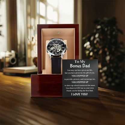 Men's Skeleton Black Band To My Bonus Dad Stepped Up Gift For Him Father's Day From Son Or Daughter Openwork Watch