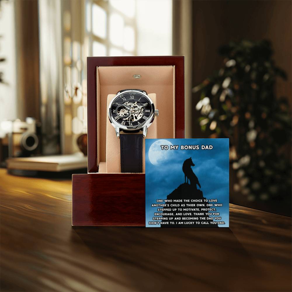 Step Dad Gift From Step Daughter Openwork Automatic Leather Strap Mens Watch Gift For Men To My Bonus Dad Stepped Up Dad Gift(1) Openwork Watch