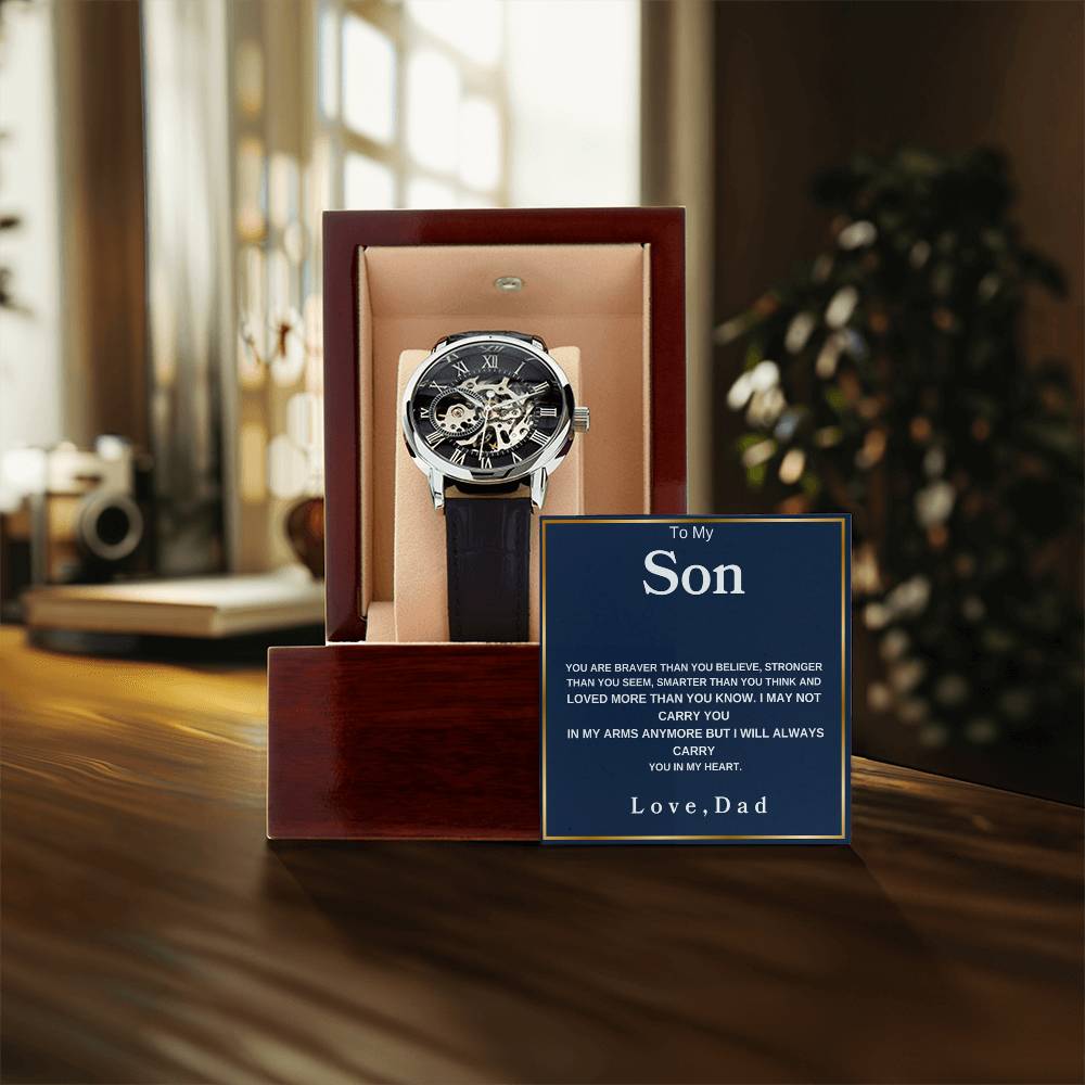 To My Son  You Are Braver Than You Believe Love Mom  Love You Forever Men's Openwork Watches