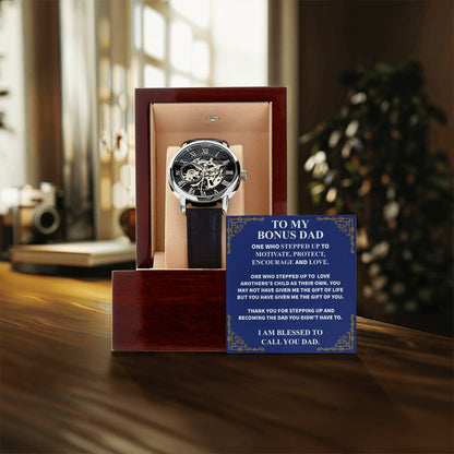 Step Dad Gift From Step Daughter Openwork Automatic Leather Strap Mens Watch Gift For Men To My Bonus Dad Stepped Up Dad Gift(6) Openwork Watch