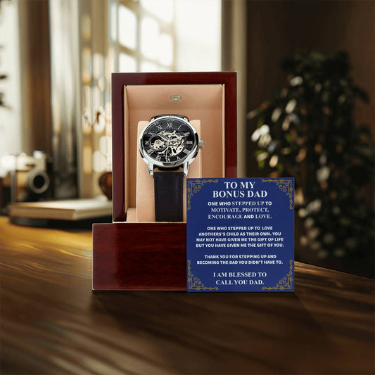 Step Dad Gift From Step Daughter Openwork Automatic Leather Strap Mens Watch Gift For Men To My Bonus Dad Stepped Up Dad Gift(6) Openwork Watch