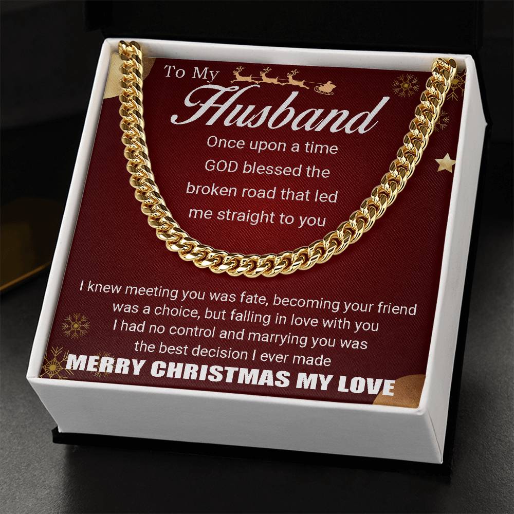 To My Husband - Merry Christmas - Chain Necklace + Mahogany Luxury Gift Box Cuban Link Chain