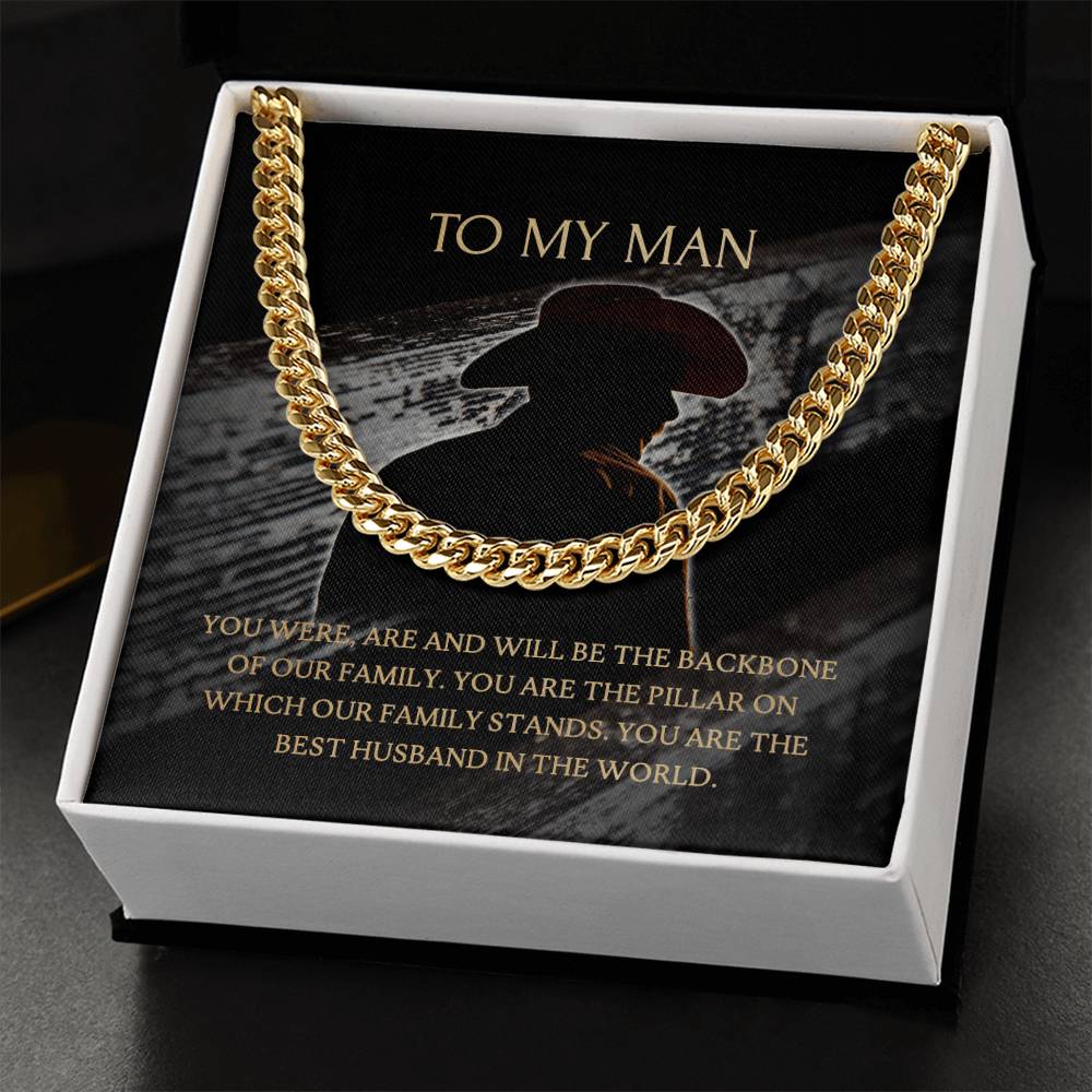 To My Man - Our Family Backbone  -  Necklace+Message Card In A Luxury Mahogany Box+Led Cuban Link Chain