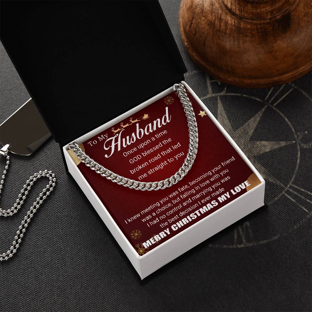 To My Husband - Merry Christmas - Chain Necklace + Mahogany Luxury Gift Box Cuban Link Chain