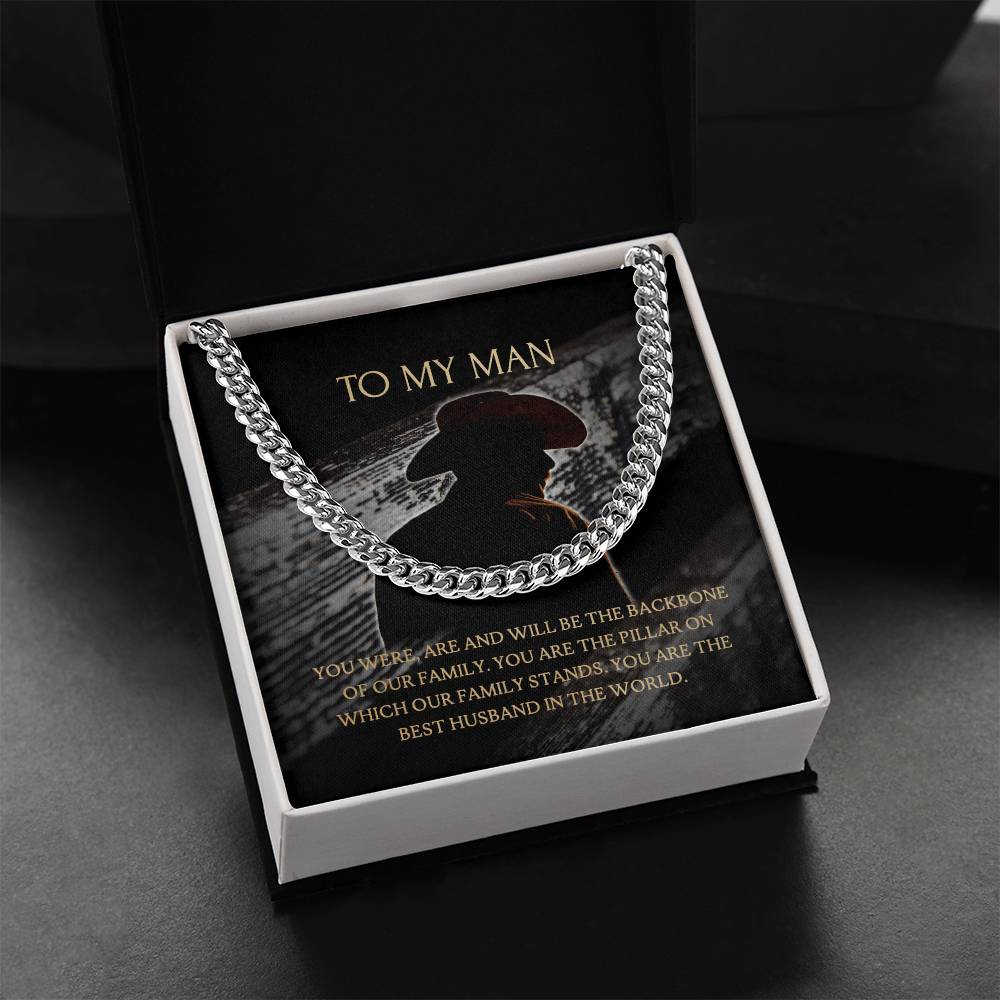 To My Man - Our Family Backbone  -  Necklace+Message Card In A Luxury Mahogany Box+Led Cuban Link Chain