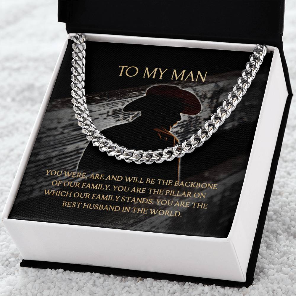 To My Man - Our Family Backbone  -  Necklace+Message Card In A Luxury Mahogany Box+Led Cuban Link Chain
