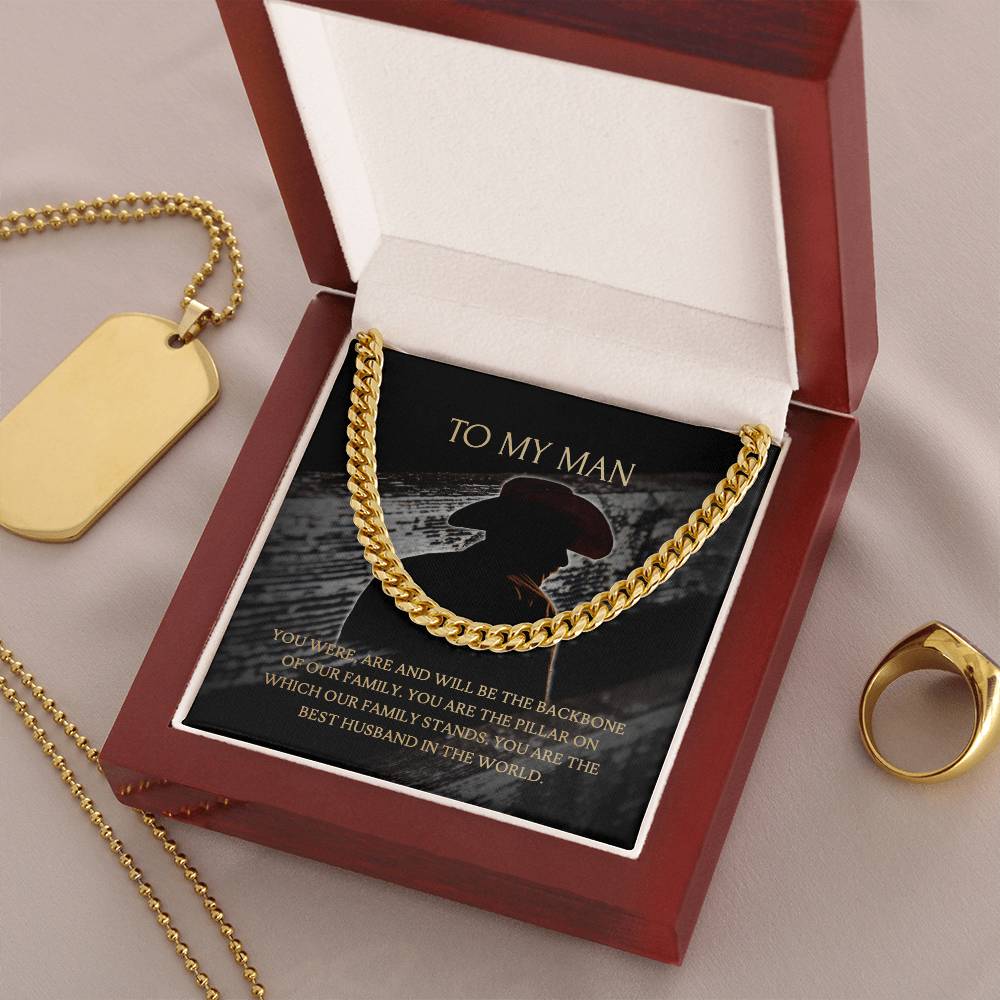 To My Man - Our Family Backbone  -  Necklace+Message Card In A Luxury Mahogany Box+Led Cuban Link Chain