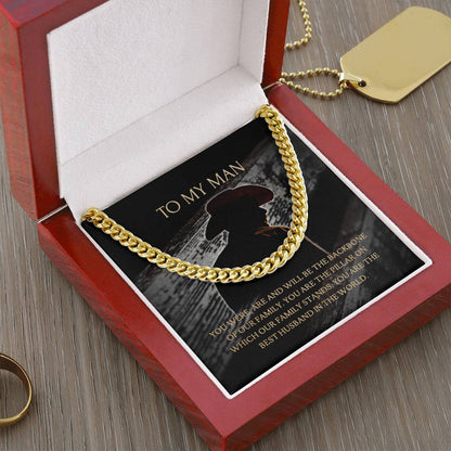 To My Man - Our Family Backbone  -  Necklace+Message Card In A Luxury Mahogany Box+Led Cuban Link Chain