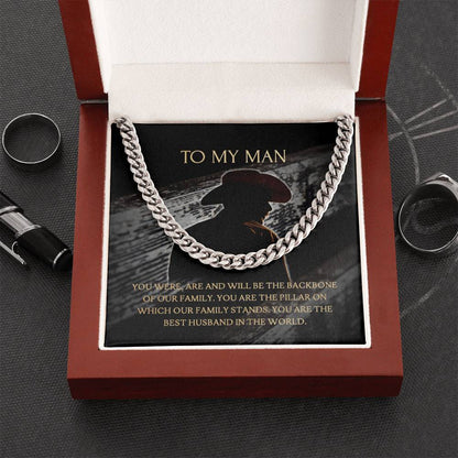 To My Man - Our Family Backbone  -  Necklace+Message Card In A Luxury Mahogany Box+Led Cuban Link Chain