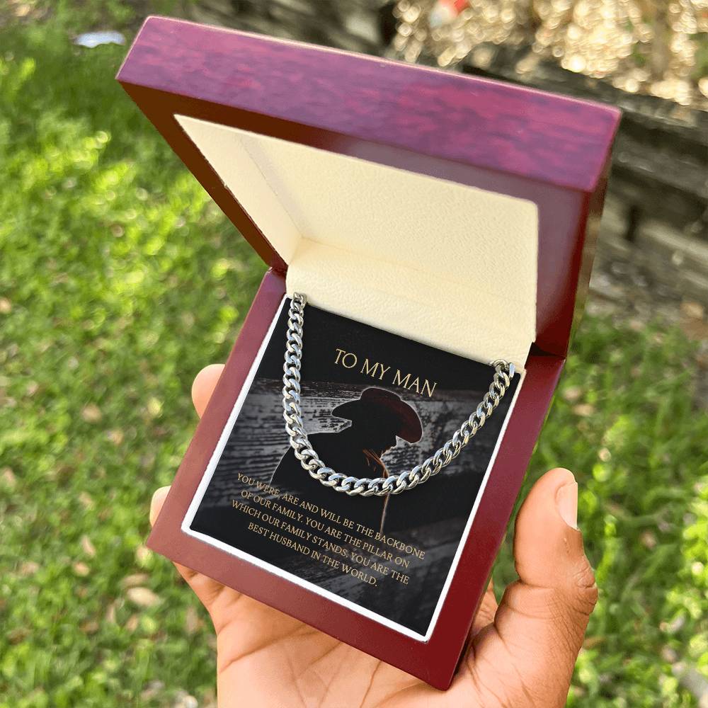 To My Man - Our Family Backbone  -  Necklace+Message Card In A Luxury Mahogany Box+Led Cuban Link Chain