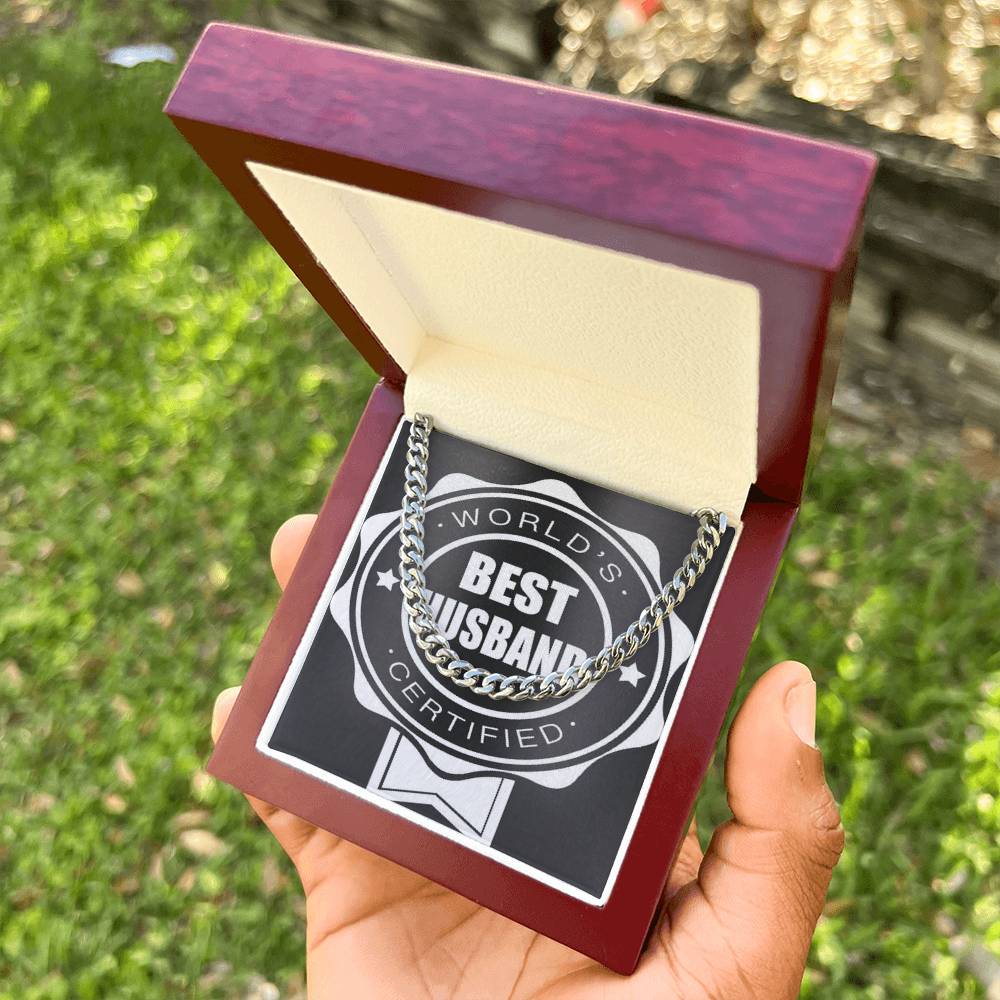 Worlds Best Husband Certified Beautiful Chain And Gift Box For Him Choose Silver Or Gold Cuban Link Chain