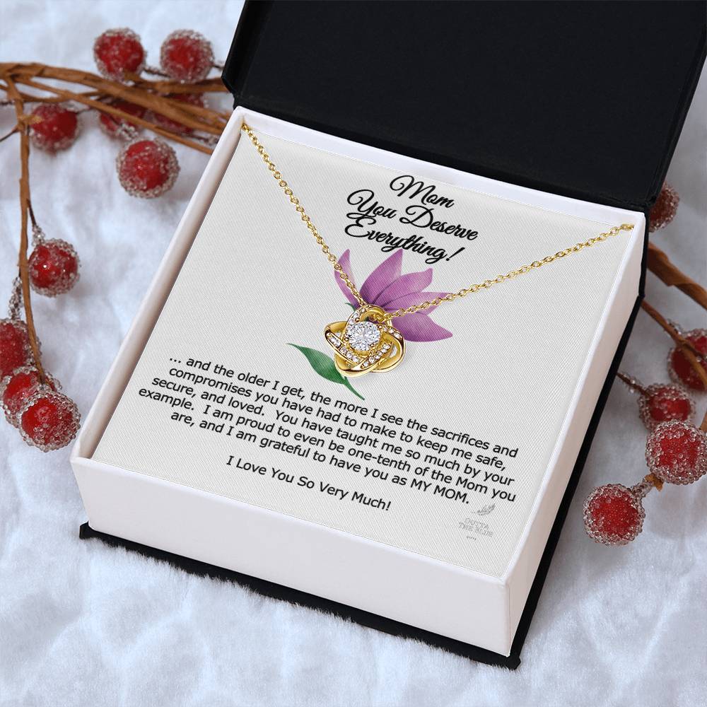 Mom You Deserve Everything Card And Love Knot Symbol 14K Over Stainless Steel Cz Necklace Mother's Day Birthday Anytime Gift From Daughter Love Knot Necklace