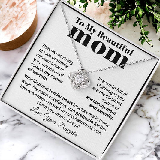 To My Beautiful Mom - Heart Melt Message Love Knot Necklace Love Knot Necklace