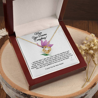 Mom You Deserve Everything Card And Love Knot Symbol 14K Over Stainless Steel Cz Necklace Mother's Day Birthday Anytime Gift From Daughter Love Knot Necklace