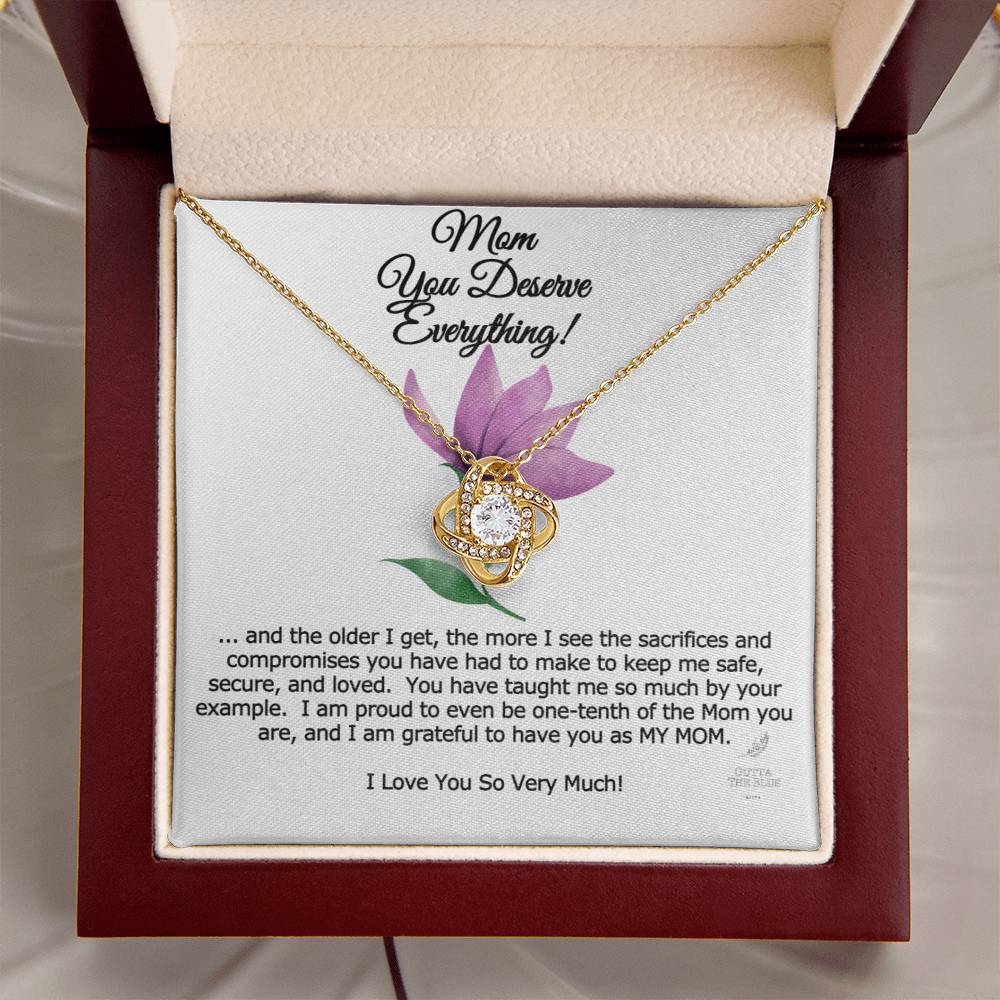 Mom You Deserve Everything Card And Love Knot Symbol 14K Over Stainless Steel Cz Necklace Mother's Day Birthday Anytime Gift From Daughter Love Knot Necklace