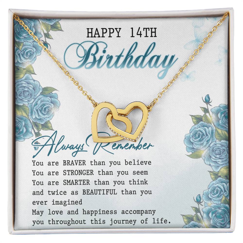 Happy 14Th Birthday Interlocking Hearts Necklace Message Card
