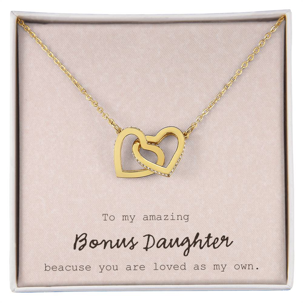 To My Amazing Bonus Daughter - Pink Interlocking Hearts Necklace