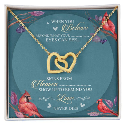 When You Believe Beyond What Your Eyes Can See Interlocking Hearts Necklace Cardinal Bird