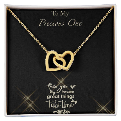 Never Give Up - Black Background Interlocking Hearts Necklace