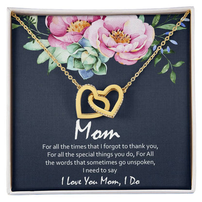 Love You Mom Blue With Hearts Interlocking Hearts Necklace