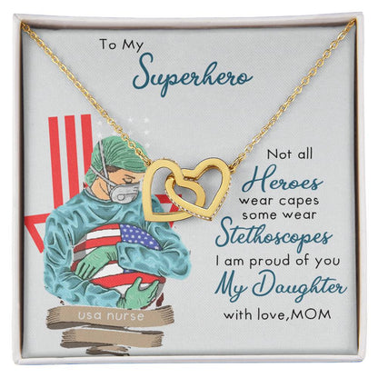 My Superhero Nurse Daughter Interlocking Hearts Necklace