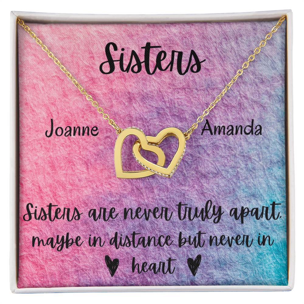 Sisters - Interlocking Necklace - Rainbow Background - Personalized Interlocking Hearts Necklace