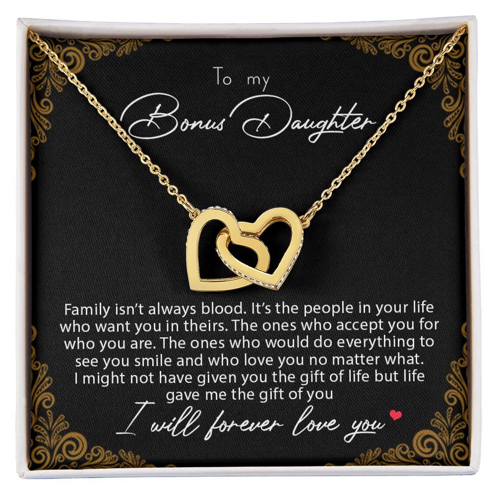 To My Bonus Daughter Family Isn'T Always Blood Interlocking Hearts Necklace