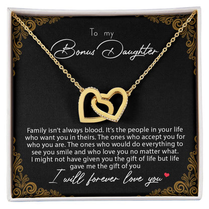 To My Bonus Daughter Family Isn'T Always Blood Interlocking Hearts Necklace