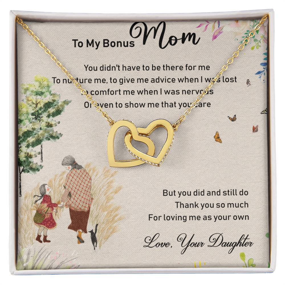 To My Bonus Mom Interlocking Hearts Necklace Message Card