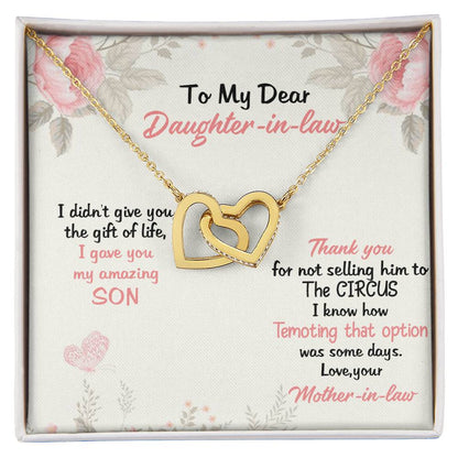 To My Dear Daughter In Law Thank You For Not Selling My Son Love From Mother In Law Love Forever Neckless Interlocking Hearts Necklace