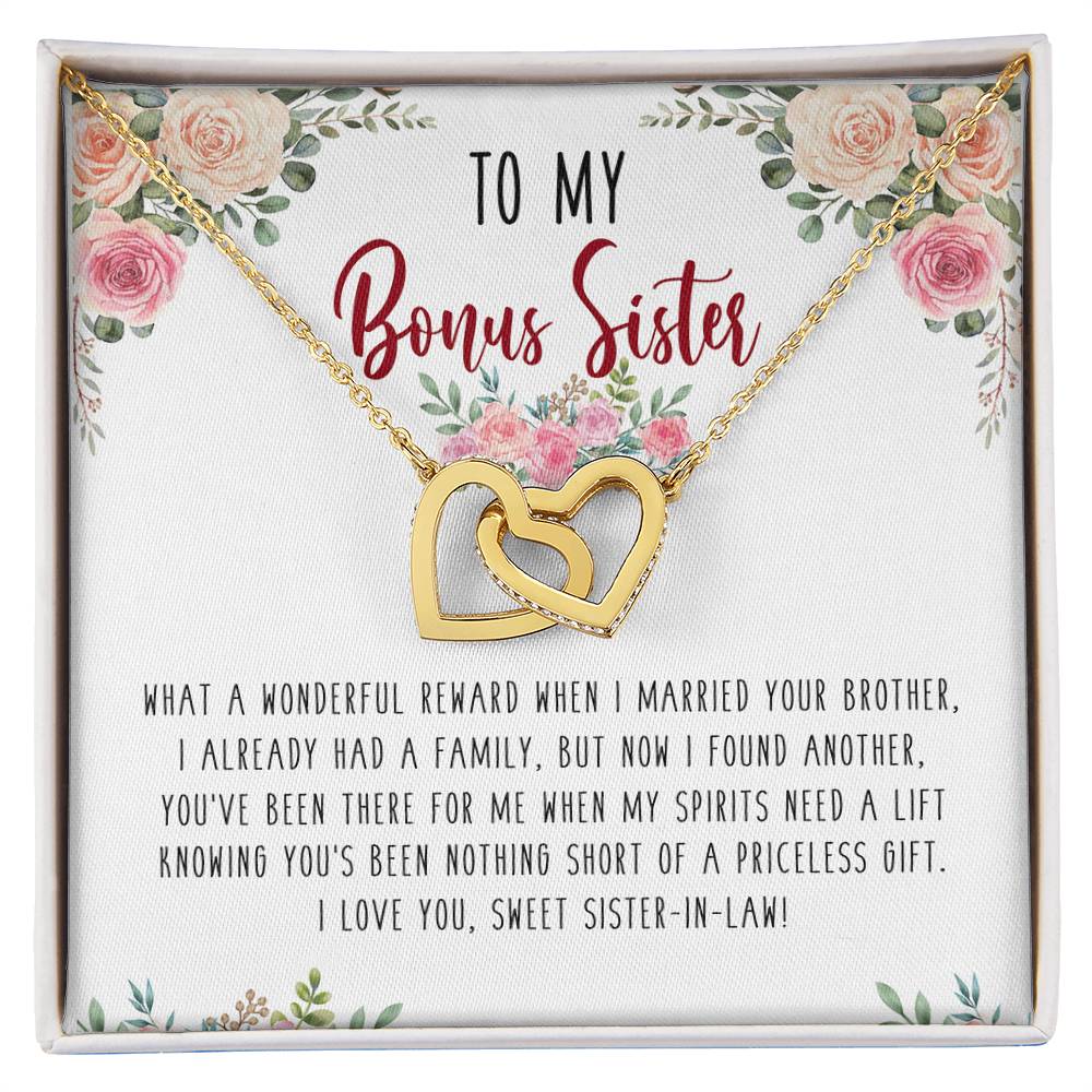 To My Bonus Sister Interlocking Hearts Necklace Birthday Message Card Gift