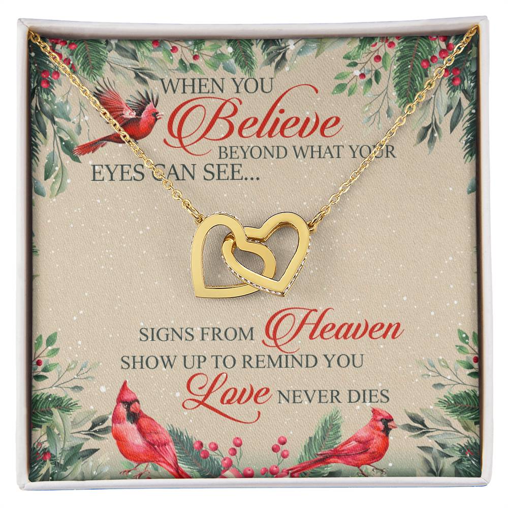 When You Believe Beyond What Your Eyes Interlocking Hearts Necklace Message Card